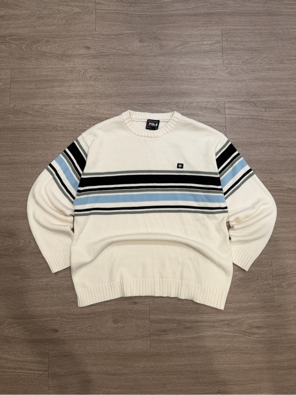 Vintage-Inspired Southpole Cream Stripe Crewneck Sweater